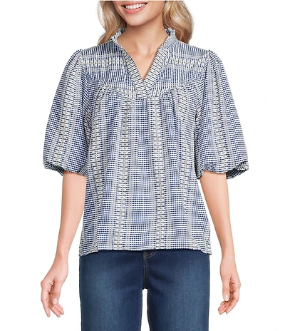 Tru Luxe Jeans Jacquard Geometric Stripe Split V-Ruffle Neck Elbow Length Balloon Sleeve Top