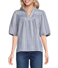 Tru Luxe Jeans Jacquard Geometric Stripe Split V-Ruffle Neck Elbow Length Balloon Sleeve Top