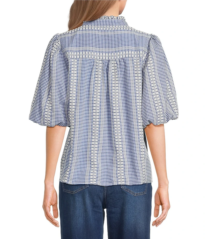 Tru Luxe Jeans Jacquard Geometric Stripe Split V-Ruffle Neck Elbow Length Balloon Sleeve Top