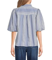 Tru Luxe Jeans Jacquard Geometric Stripe Split V-Ruffle Neck Elbow Length Balloon Sleeve Top
