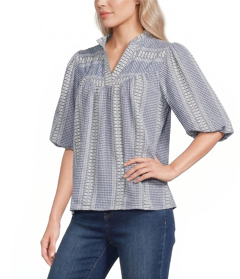 Tru Luxe Jeans Jacquard Geometric Stripe Split V-Ruffle Neck Elbow Length Balloon Sleeve Top