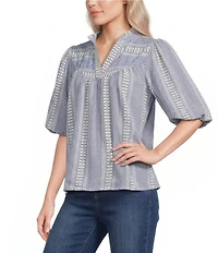 Tru Luxe Jeans Jacquard Geometric Stripe Split V-Ruffle Neck Elbow Length Balloon Sleeve Top