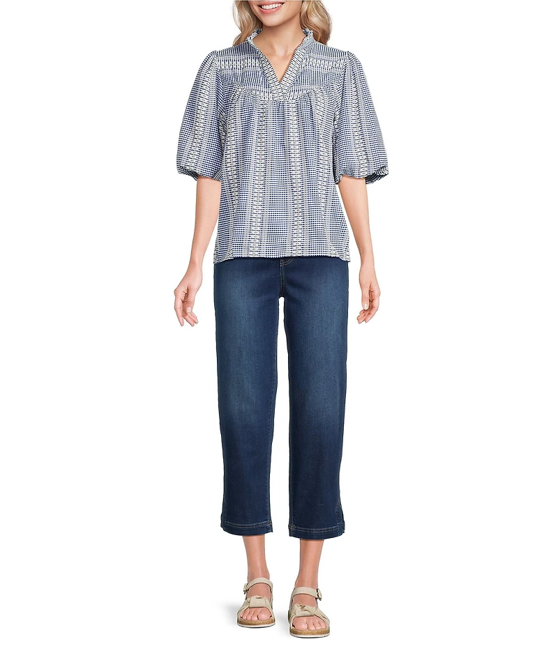 Tru Luxe Jeans Jacquard Geometric Stripe Split V-Ruffle Neck Elbow Length Balloon Sleeve Top