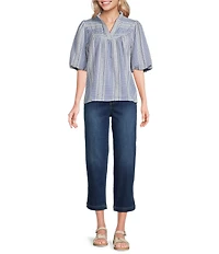 Tru Luxe Jeans Jacquard Geometric Stripe Split V-Ruffle Neck Elbow Length Balloon Sleeve Top