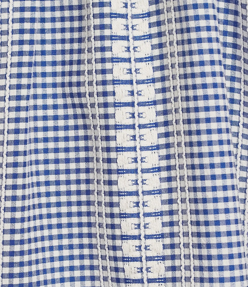 Tru Luxe Jeans Jacquard Geometric Stripe Split V-Ruffle Neck Elbow Length Balloon Sleeve Top