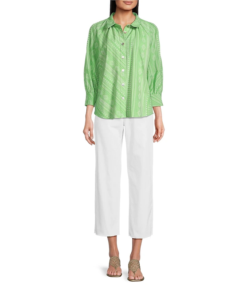 Tru Luxe Jeans Jacquard Tonal Floral Striped Point Collar 3/4 Puff Sleeve Button Front Shirt