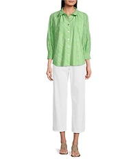 Tru Luxe Jeans Jacquard Tonal Floral Striped Point Collar 3/4 Puff Sleeve Button Front Shirt
