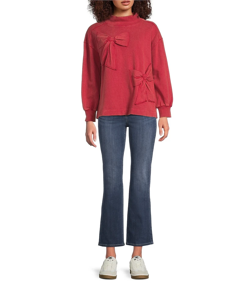 Tru Luxe Jeans Knit Bow Applique Mock Neck Long Sleeve Top