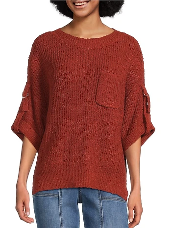 Tru Luxe Jeans Knit Round Neck Elbow Roll Sleeve Top