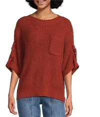 Tru Luxe Jeans Knit Round Neck Elbow Roll Sleeve Top