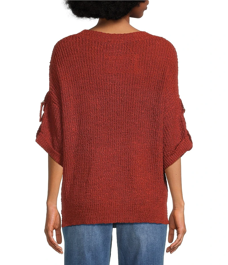 Tru Luxe Jeans Knit Round Neck Elbow Roll Sleeve Top