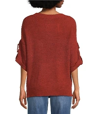 Tru Luxe Jeans Knit Round Neck Elbow Roll Sleeve Top