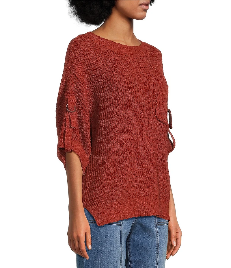 Tru Luxe Jeans Knit Round Neck Elbow Roll Sleeve Top