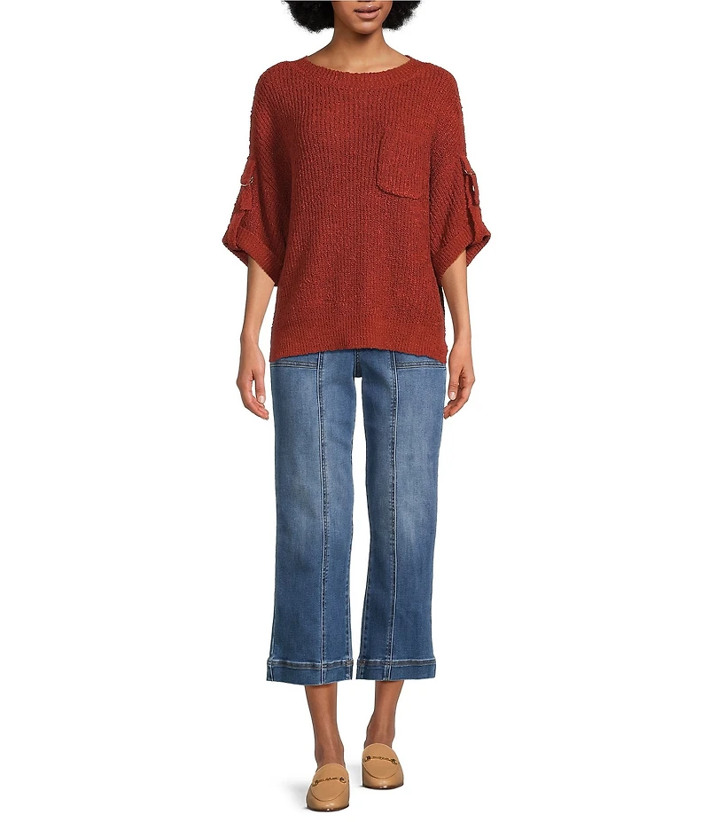 Tru Luxe Jeans Knit Round Neck Elbow Roll Sleeve Top
