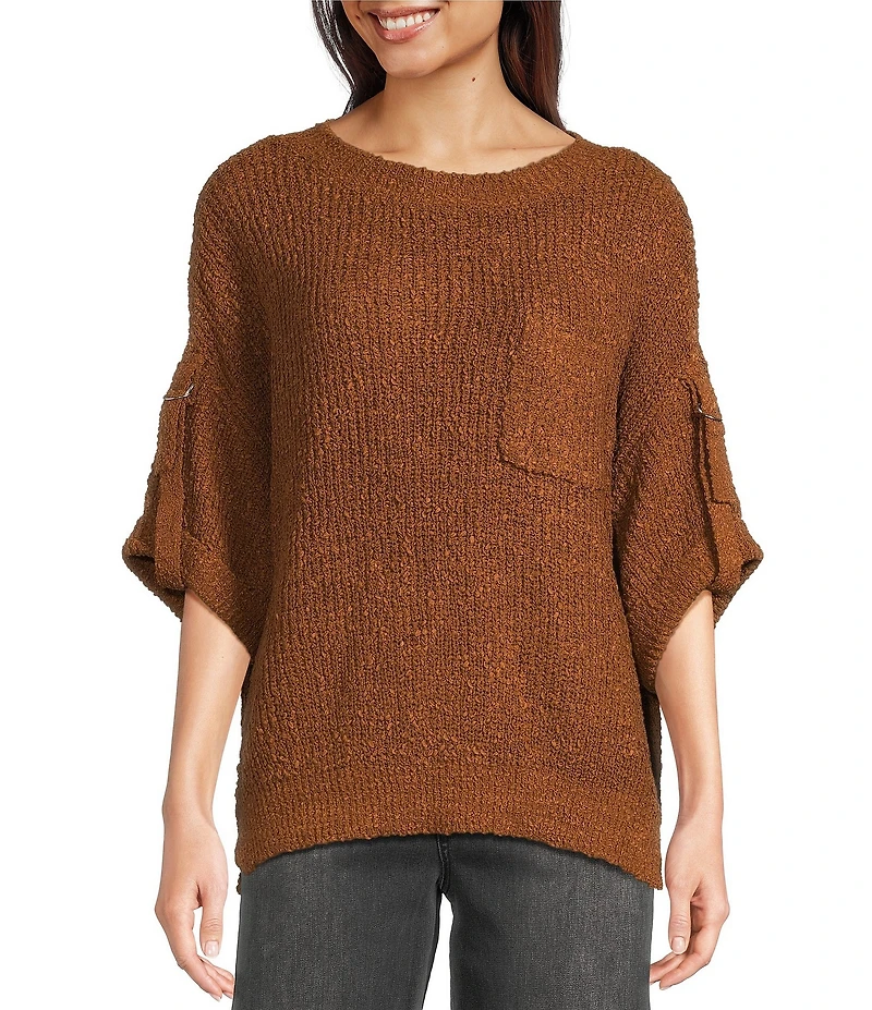 Tru Luxe Jeans Knit Round Neck Elbow Roll Sleeve Top