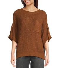 Tru Luxe Jeans Knit Round Neck Elbow Roll Sleeve Top