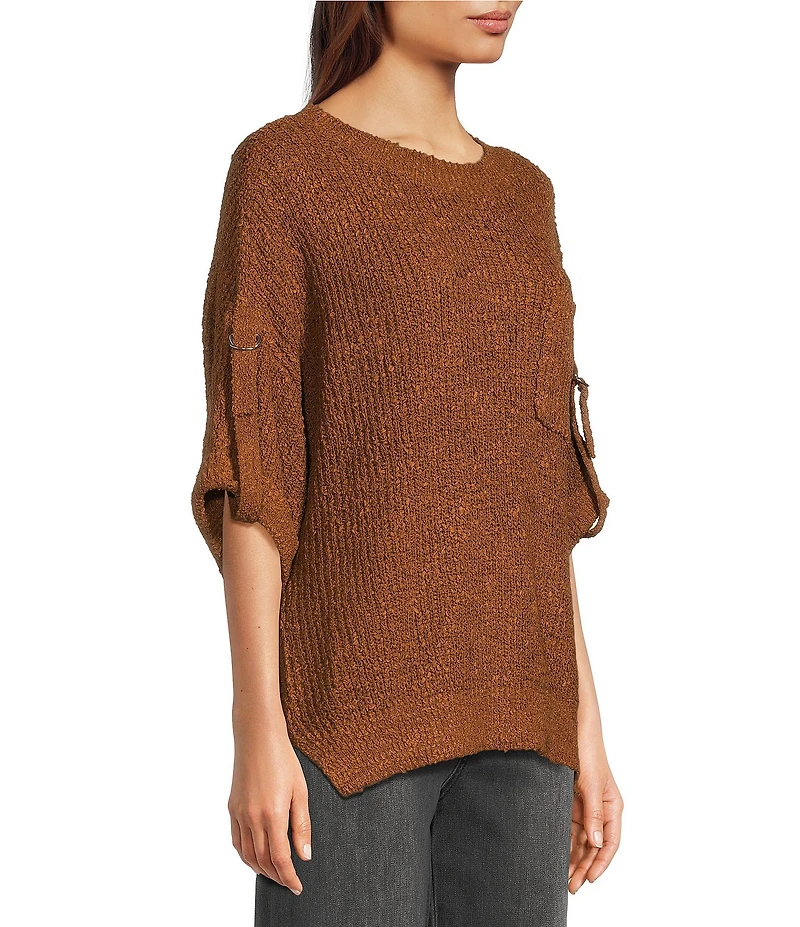 Tru Luxe Jeans Knit Round Neck Elbow Roll Sleeve Top