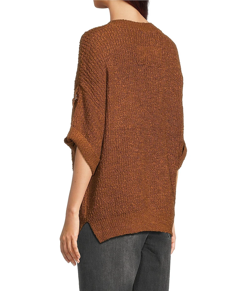 Tru Luxe Jeans Knit Round Neck Elbow Roll Sleeve Top