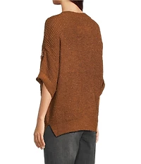 Tru Luxe Jeans Knit Round Neck Elbow Roll Sleeve Top