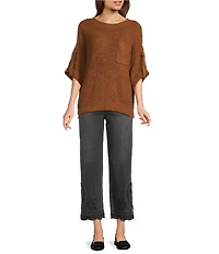 Tru Luxe Jeans Knit Round Neck Elbow Roll Sleeve Top