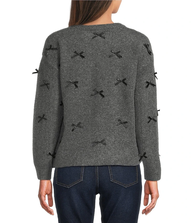 Tru Luxe Jeans Knit Round Neck Long Sleeve Button Front Bow Cardigan