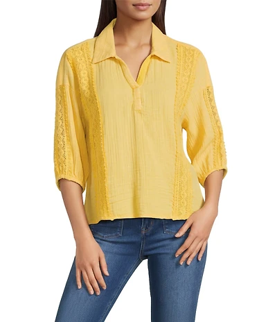 Tru Luxe Jeans Lace Overlay Polo Collar Split V-Neck 3/4 Sleeve Top