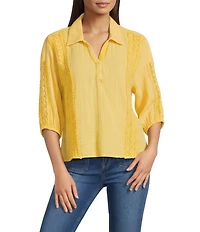 Tru Luxe Jeans Lace Overlay Polo Collar Split V-Neck 3/4 Sleeve Top