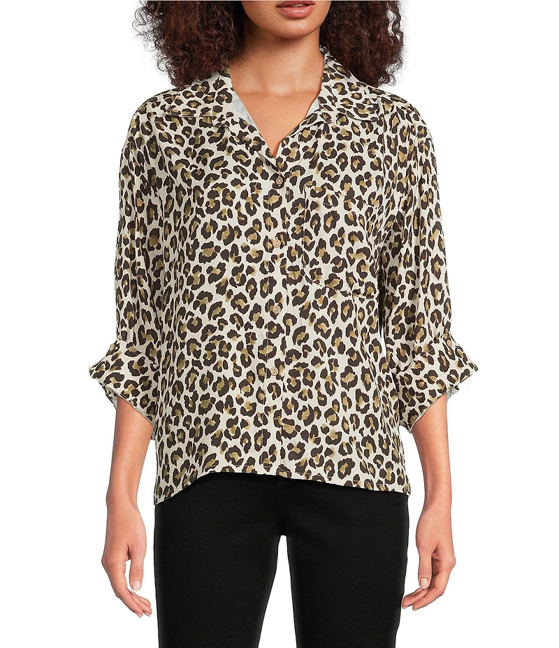 Tru Luxe Jeans Leopard Print 3/4 Sleeve Button Front Shirt