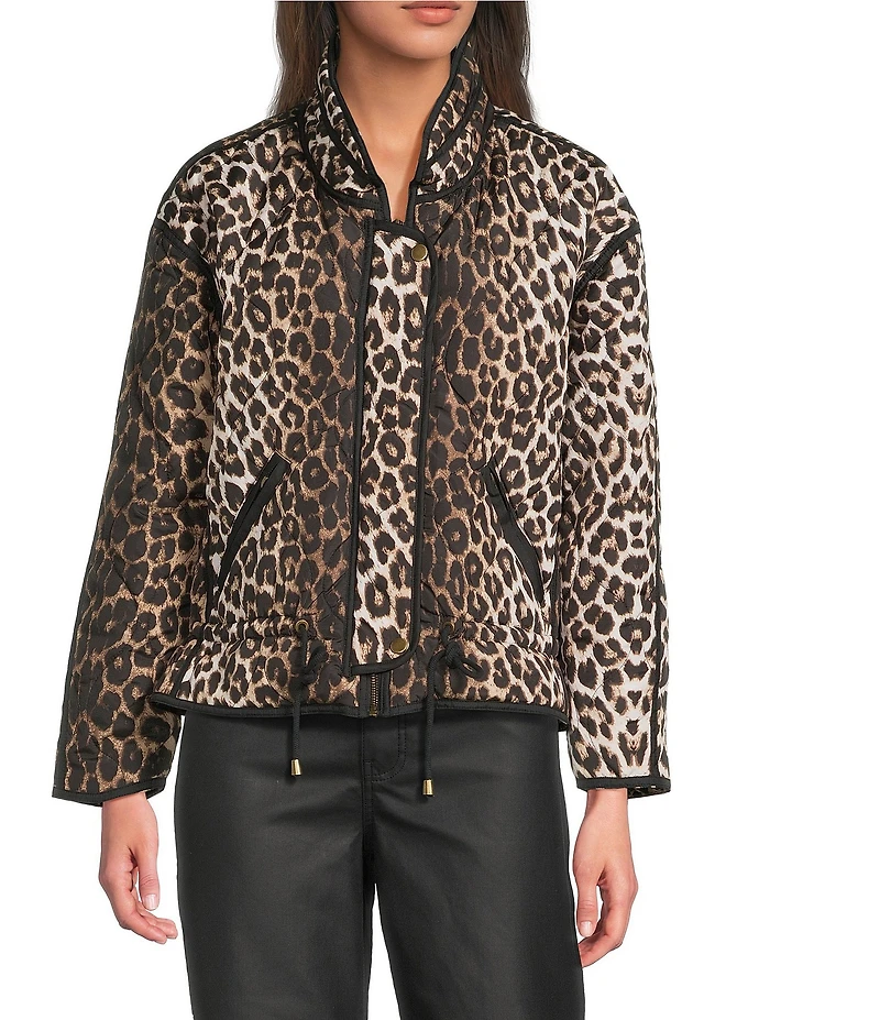 Tru Luxe Jeans Leopard Print Water Resistant Stand Collar Long Sleeve Zip Front Jacket