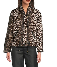 Tru Luxe Jeans Leopard Print Water Resistant Stand Collar Long Sleeve Zip Front Jacket