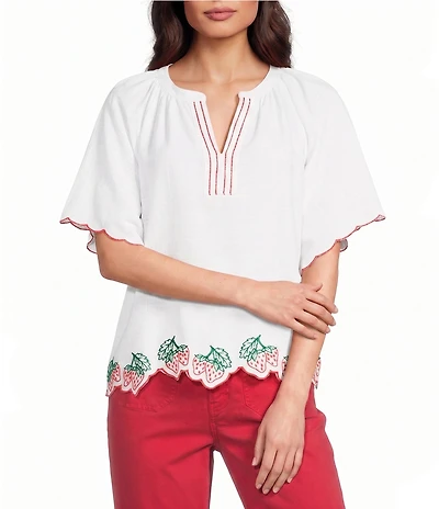 Tru Luxe Jeans Linen Blend Embroidered Strawberry Split V-Neck Short Sleeve Scalloped Trim Top