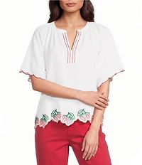 Tru Luxe Jeans Linen Blend Embroidered Strawberry Split V-Neck Short Sleeve Scalloped Trim Top