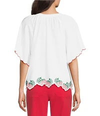 Tru Luxe Jeans Linen Blend Embroidered Strawberry Split V-Neck Short Sleeve Scalloped Trim Top
