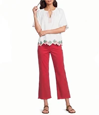 Tru Luxe Jeans Linen Blend Embroidered Strawberry Split V-Neck Short Sleeve Scalloped Trim Top