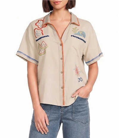 Tru Luxe Jeans Linen Blend Novelty Travel Embroidered Point Collar Short Sleeve Button Front Shirt