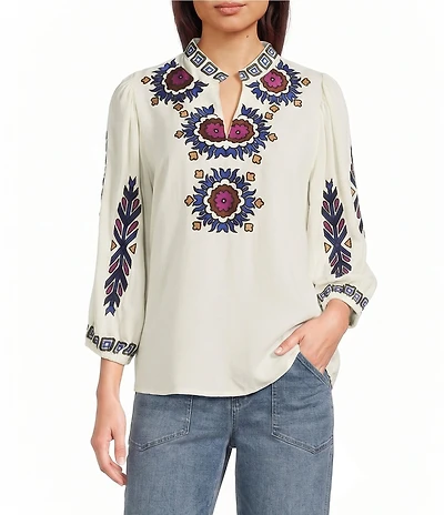 Tru Luxe Jeans Linen Split Stand Collar 3/4 Sleeve Embroidered Top