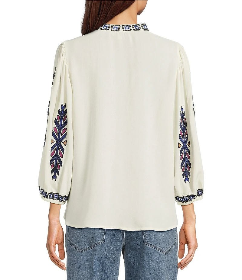 Tru Luxe Jeans Linen Split Stand Collar 3/4 Sleeve Embroidered Top