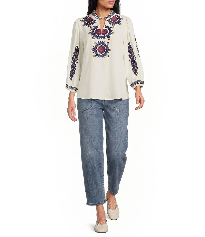 Tru Luxe Jeans Linen Split Stand Collar 3/4 Sleeve Embroidered Top