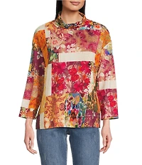 Tru Luxe Jeans Patchwork Floral Printed Mock Neck 3/4 Sleeve Top