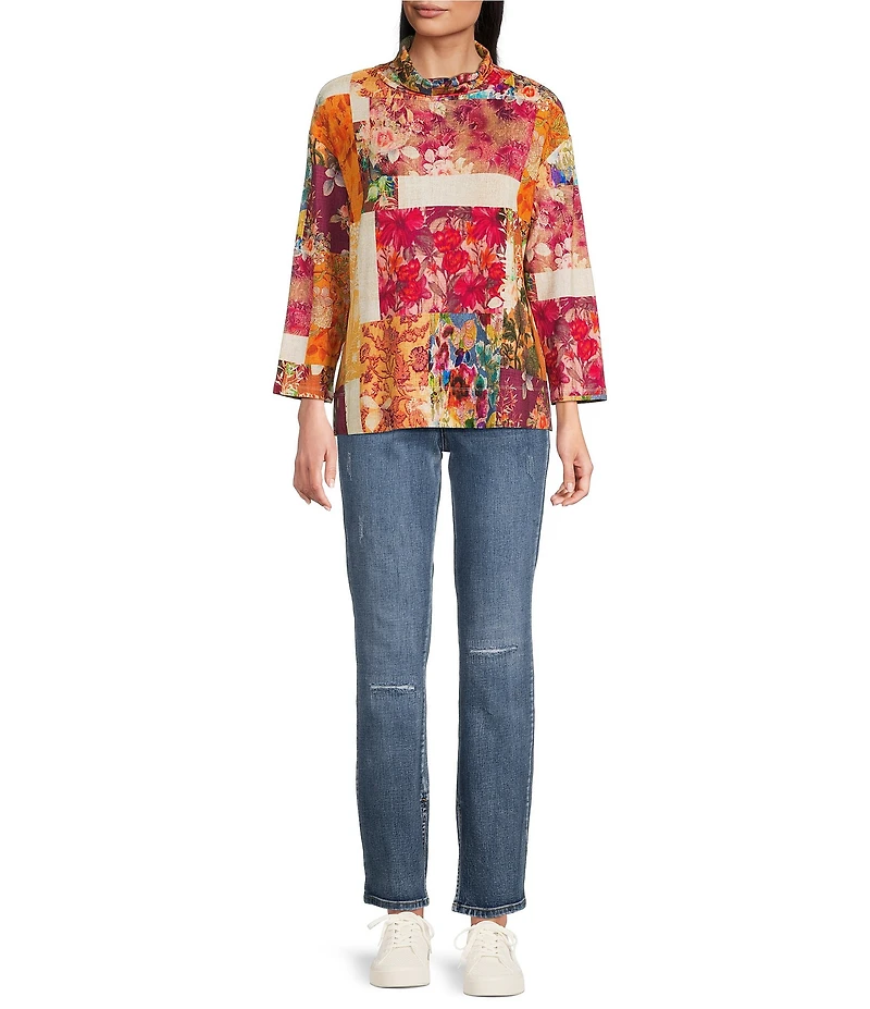 Tru Luxe Jeans Patchwork Floral Printed Mock Neck 3/4 Sleeve Top