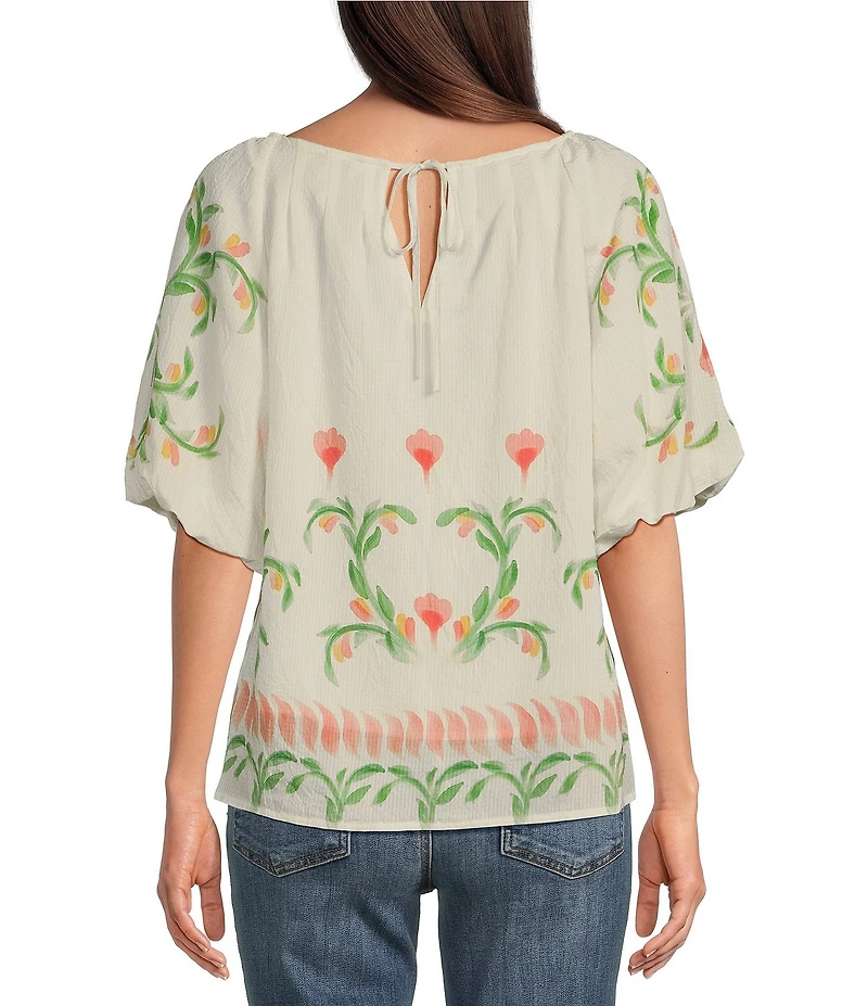 Tru Luxe Jeans Placed Floral Print Round Neck Short Sleeve Popover Top