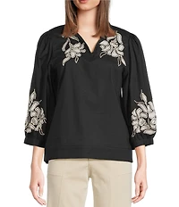 Tru Luxe Jeans Poplin Embroidered Floral Applique Collared V-Neck 3/4 Sleeve Popover Shirt