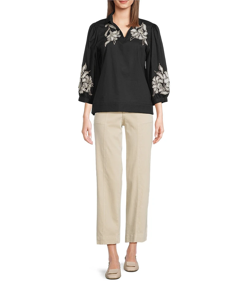 Tru Luxe Jeans Poplin Embroidered Floral Applique Collared V-Neck 3/4 Sleeve Popover Shirt