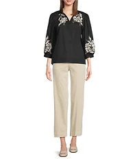 Tru Luxe Jeans Poplin Embroidered Floral Applique Collared V-Neck 3/4 Sleeve Popover Shirt