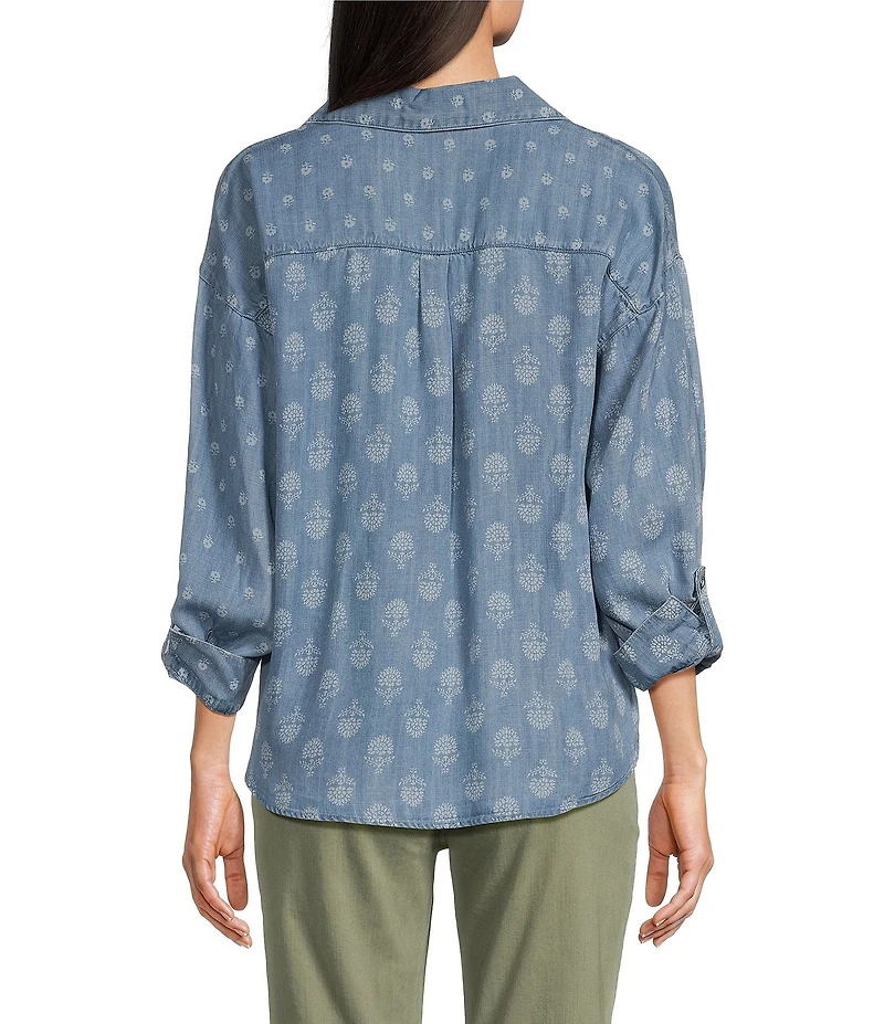 Tru Luxe Jeans Printed Chambray Point Collar Long Sleeve Twist Front Shirt