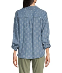 Tru Luxe Jeans Printed Chambray Point Collar Long Sleeve Twist Front Shirt