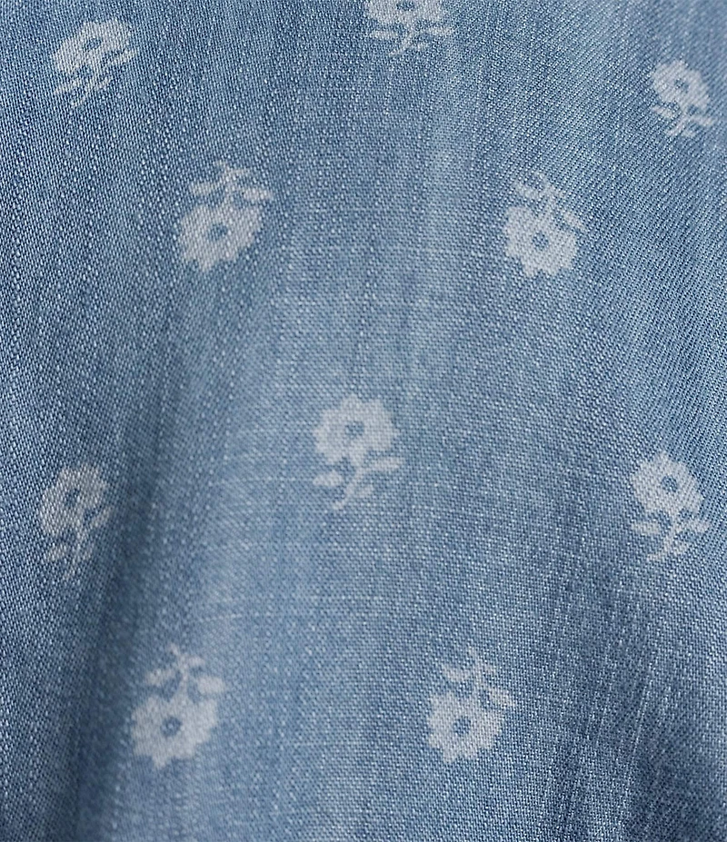 Tru Luxe Jeans Printed Chambray Point Collar Long Sleeve Twist Front Shirt