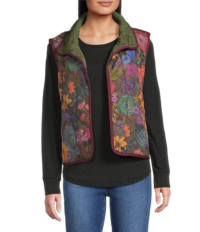 Tru Luxe Jeans Quilted Floral Convertible Collar Sleeveless Snap Front Vest