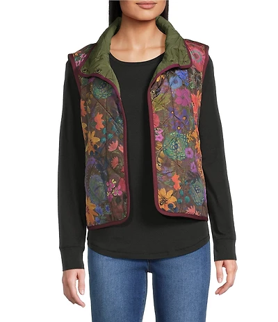 Tru Luxe Jeans Quilted Floral Convertible Collar Sleeveless Snap Front Vest