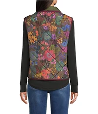 Tru Luxe Jeans Quilted Floral Convertible Collar Sleeveless Snap Front Vest